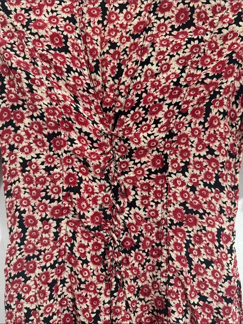 Free People Lace Up Mini Black Combo Dress Buttoned Front Ditsy Floral Print S